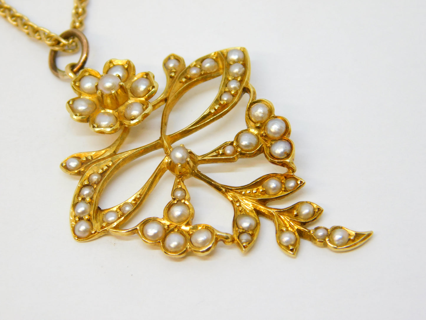 Edwardian 15ct Yellow Gold Seed Pearl Set Floral Pendant Necklace Antique c1910