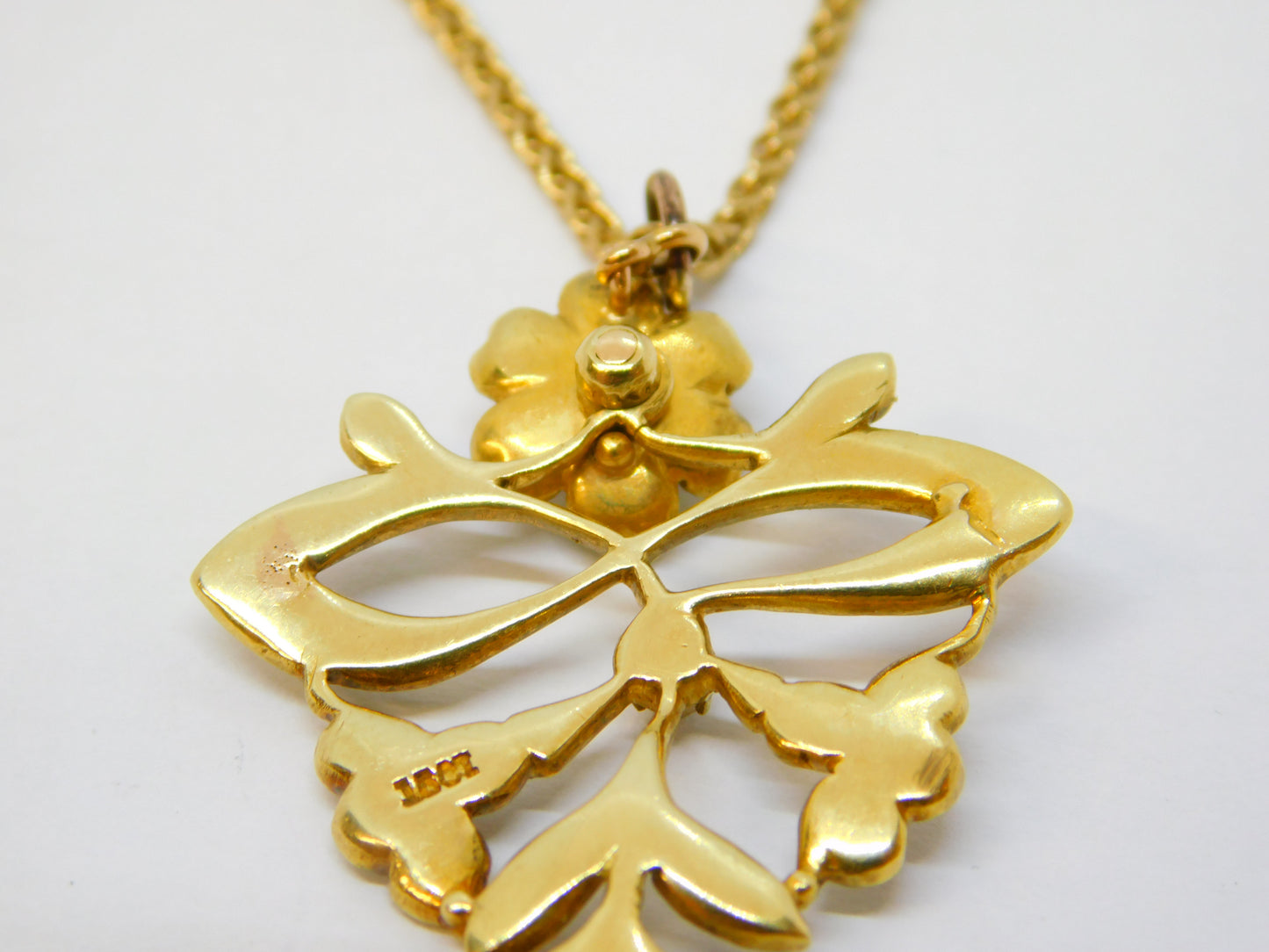 Edwardian 15ct Yellow Gold Seed Pearl Set Floral Pendant Necklace Antique c1910