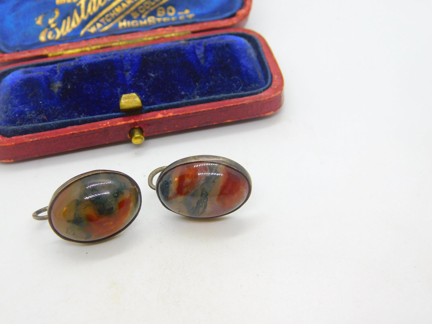 Iona Scottish Sterling Silver Cabochon Moss Agate Screw Back Earrings Antique