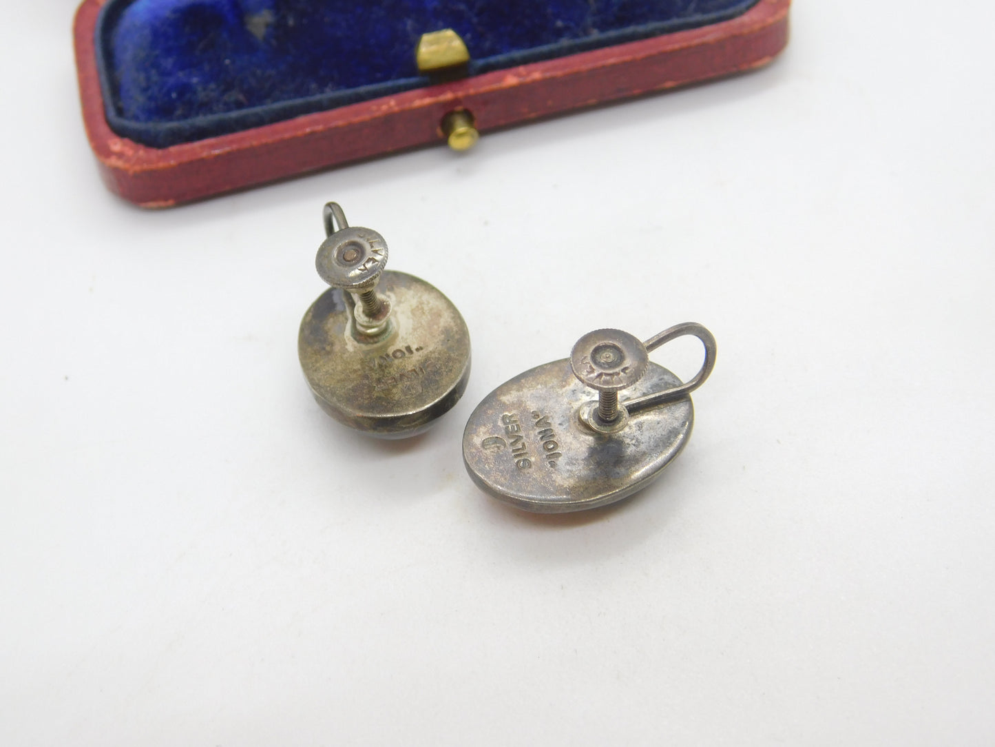 Iona Scottish Sterling Silver Cabochon Moss Agate Screw Back Earrings Antique