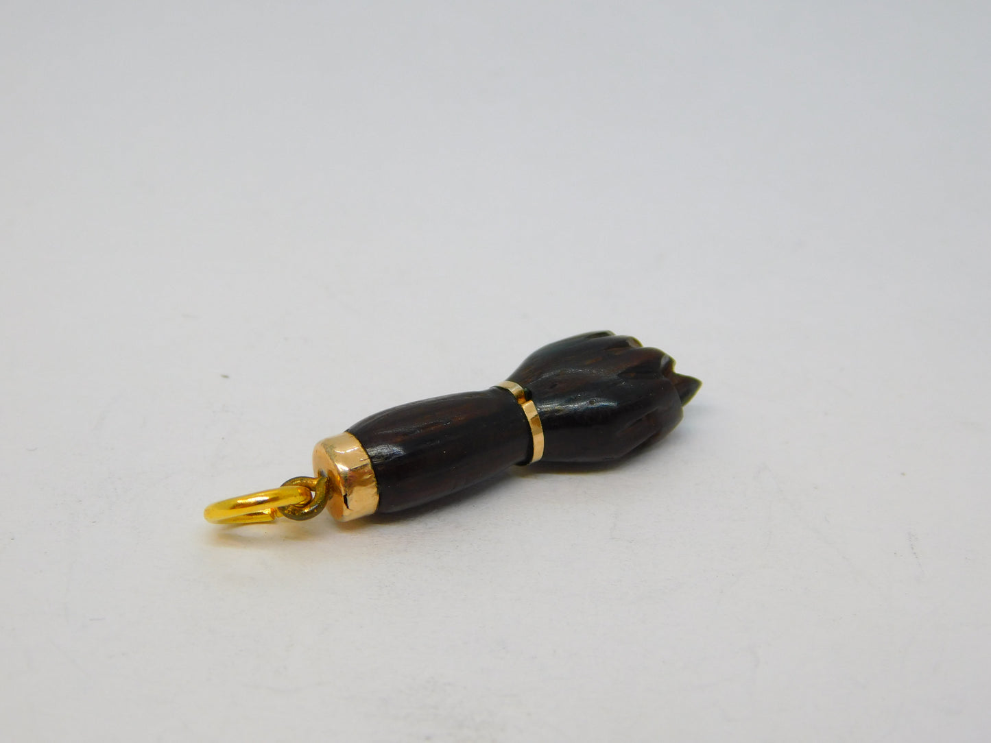 19th Century 9ct Gold, Carved Ebony Wood Figa Hand Pendant Antique c1880