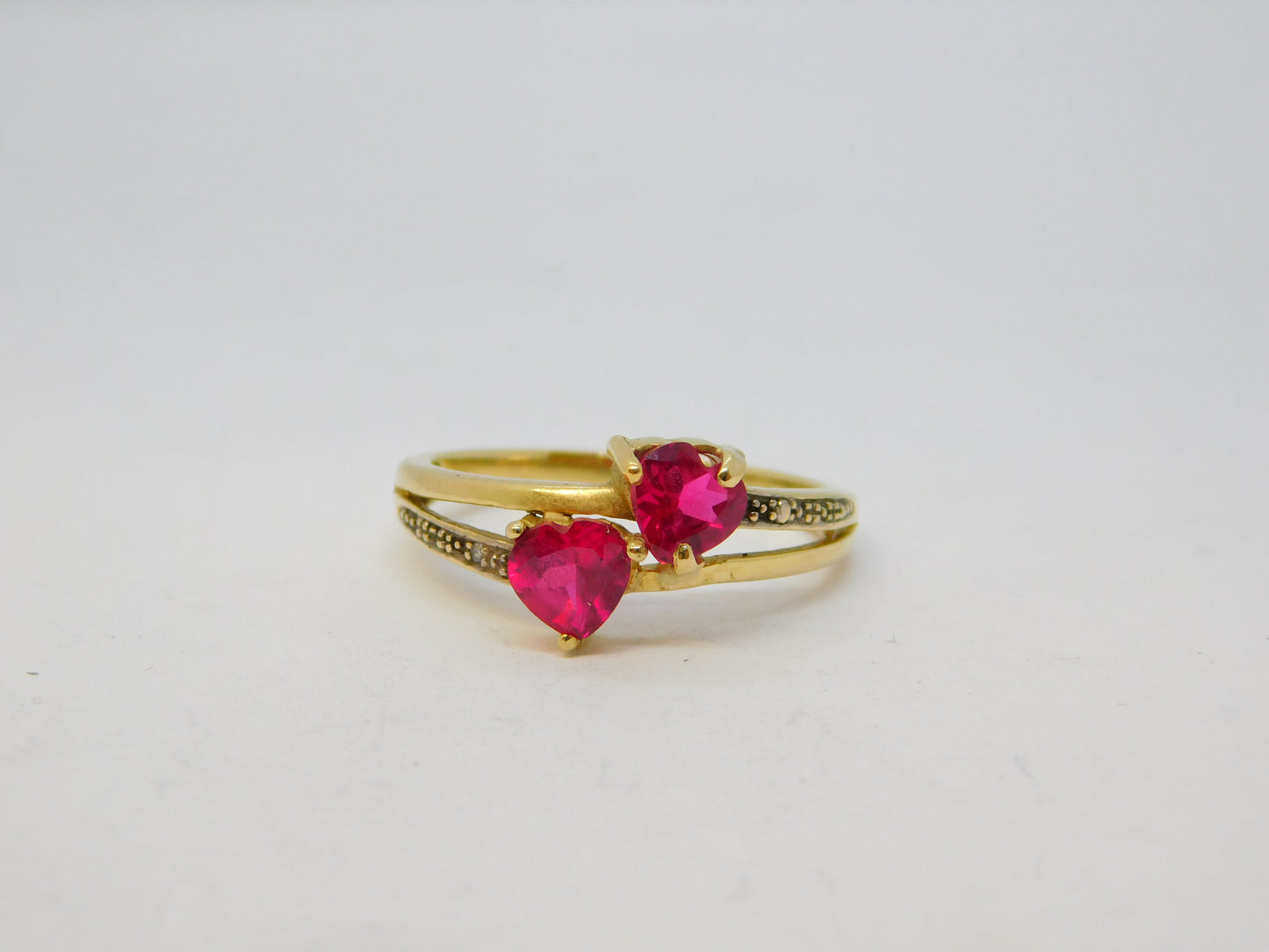 10ct Yellow Gold, Heart Cut Ruby & Diamond Crossover Ring Vintage c2000