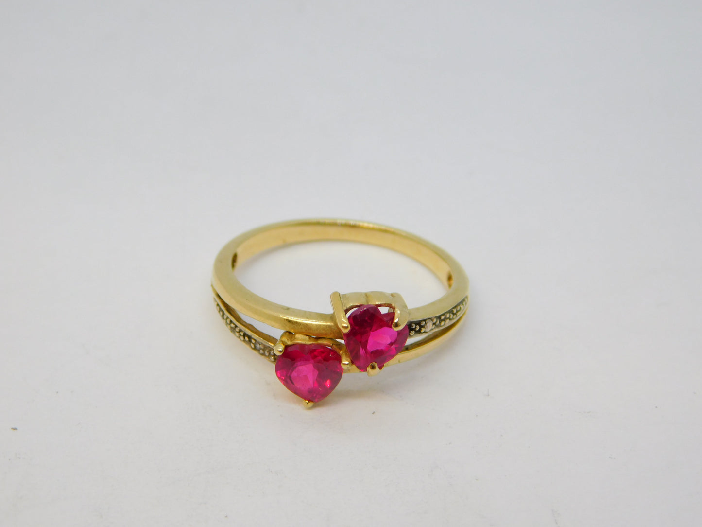 10ct Yellow Gold, Heart Cut Ruby & Diamond Crossover Ring Vintage c2000