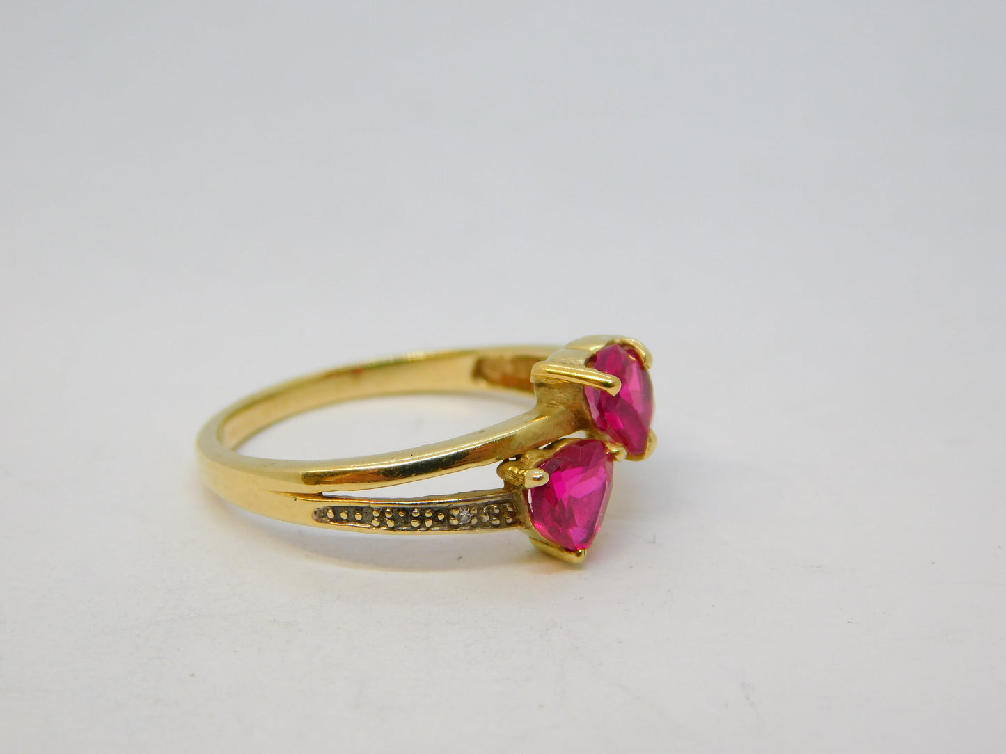 10ct Yellow Gold, Heart Cut Ruby & Diamond Crossover Ring Vintage c2000