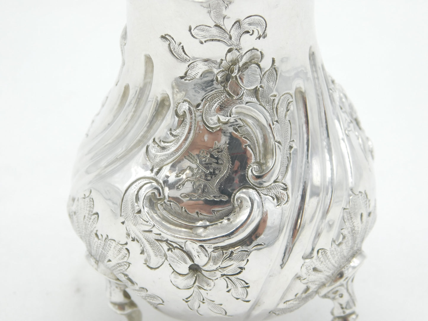 George II Sterling Silver Floral Crested Cream Jug Antique 1758 London