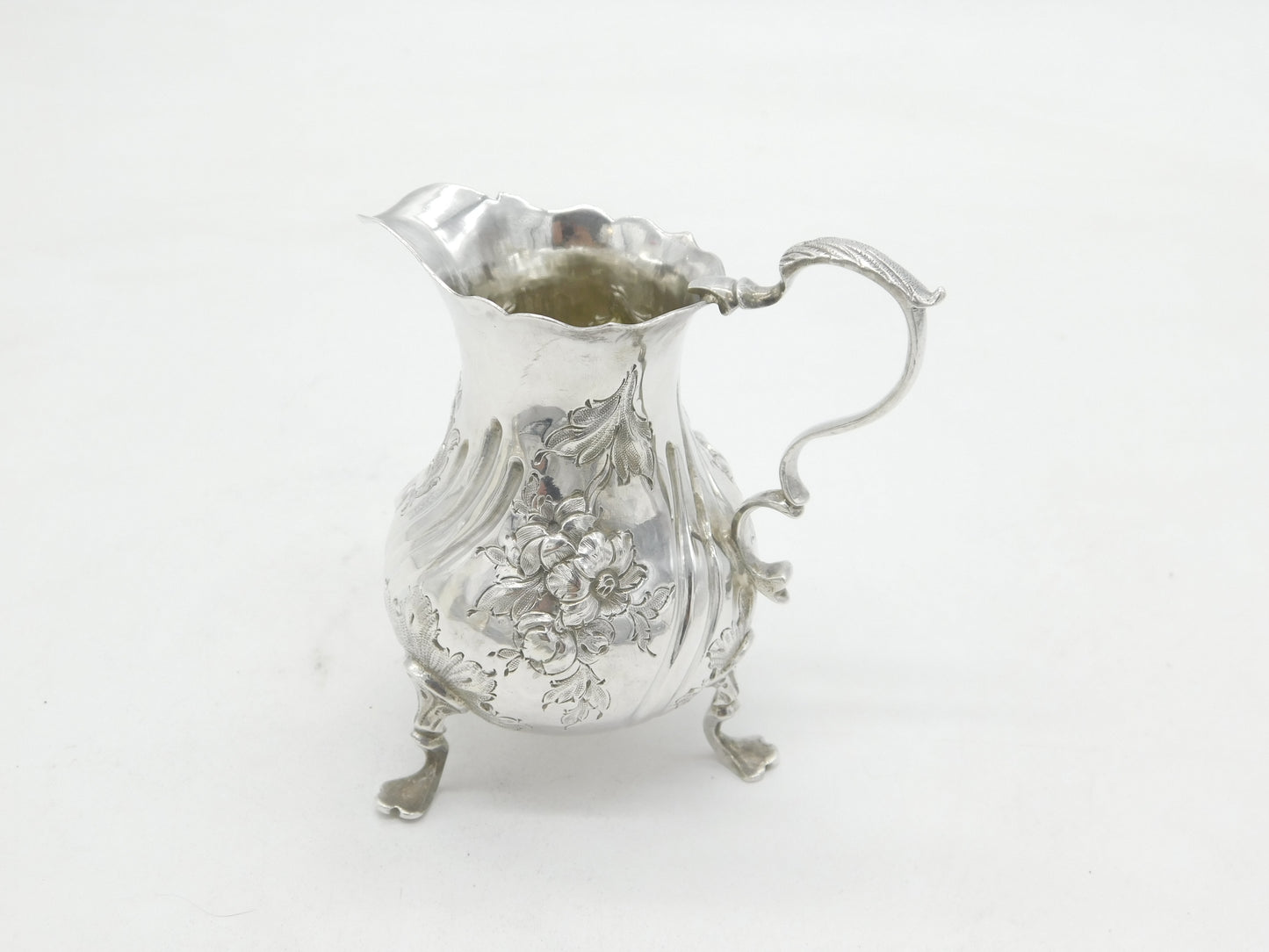 George II Sterling Silver Floral Crested Cream Jug Antique 1758 London