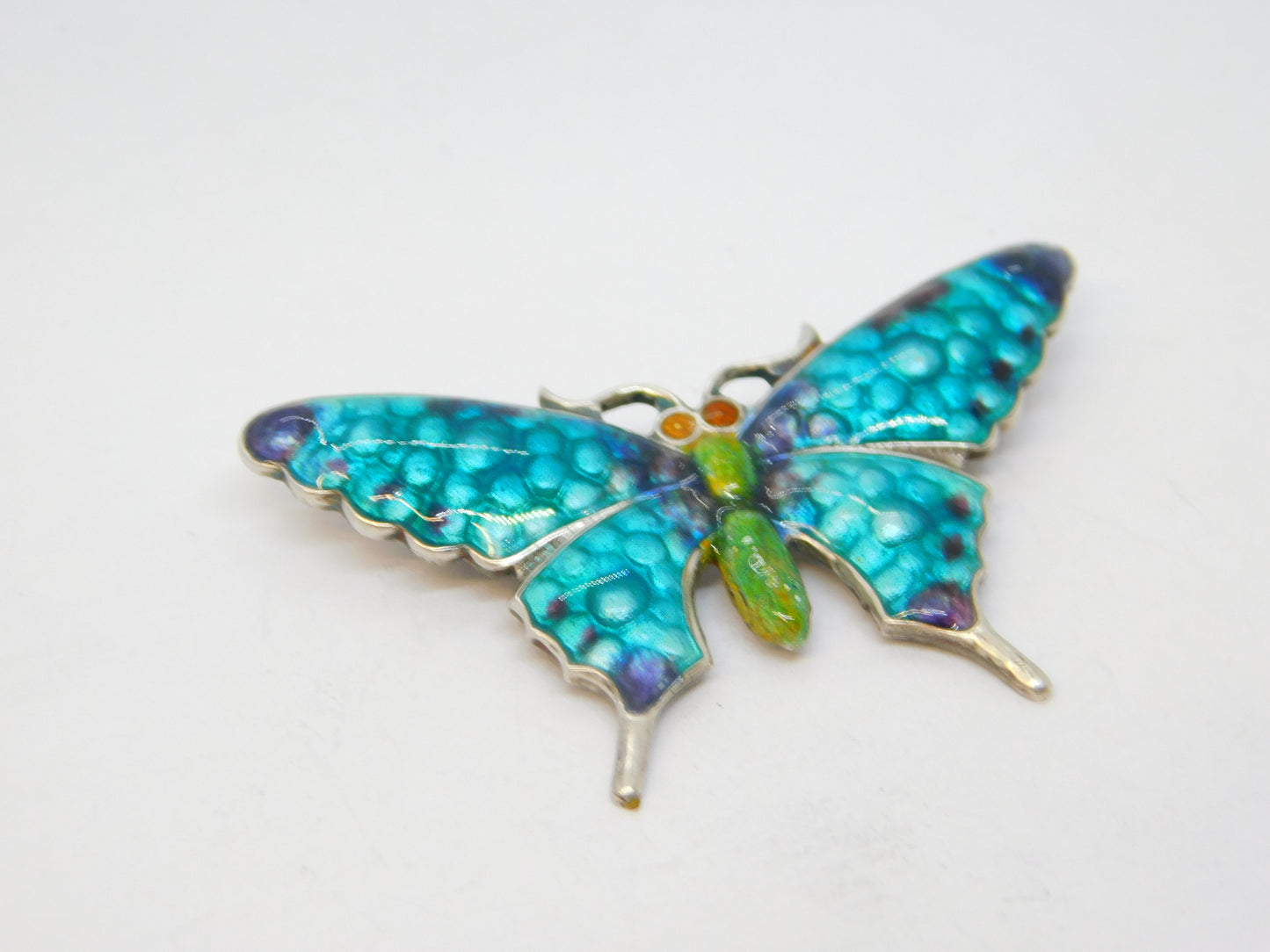 Sterling Silver Colourful Guilloche Enamel Butterfly Brooch Antique c1920 Deco