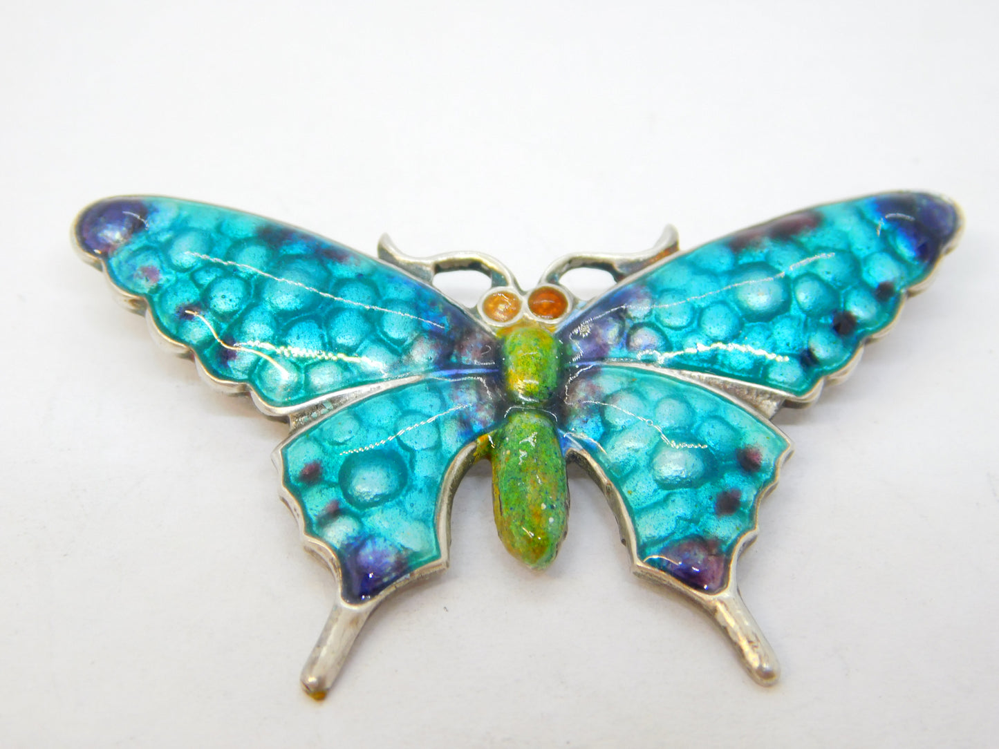 Sterling Silver Colourful Guilloche Enamel Butterfly Brooch Antique c1920 Deco