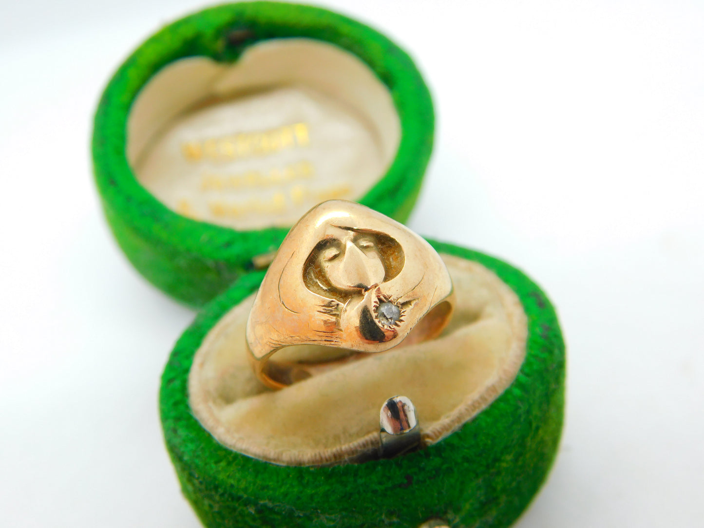18ct Yellow Gold & Diamond Art Nouveau Lady Signet Ring Antique c1930 Deco