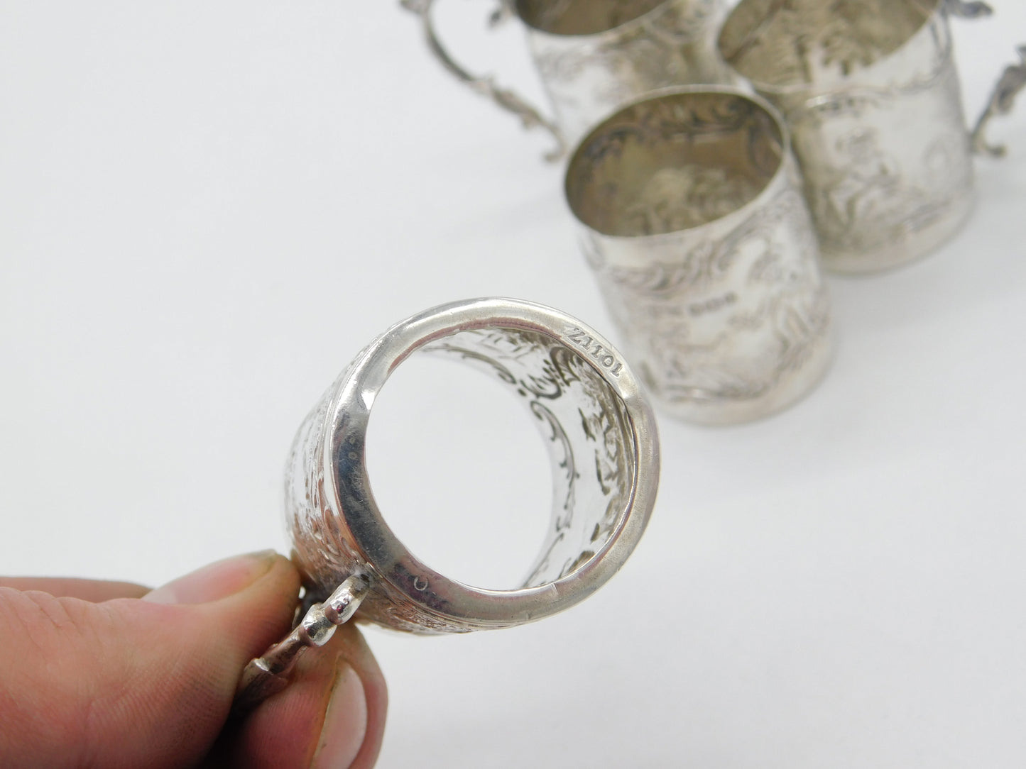 Set of Four Sterling Silver Shot Cup Mounts Farming Scenes Antique 1927 Art Deco