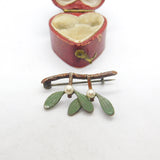 Sterling Silver Hand Painted Mistletoe Pearl Set Brooch Antique c1930 Art Deco