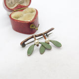 Sterling Silver Hand Painted Mistletoe Pearl Set Brooch Antique c1930 Art Deco