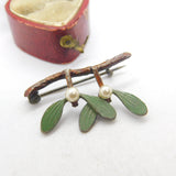 Sterling Silver Hand Painted Mistletoe Pearl Set Brooch Antique c1930 Art Deco