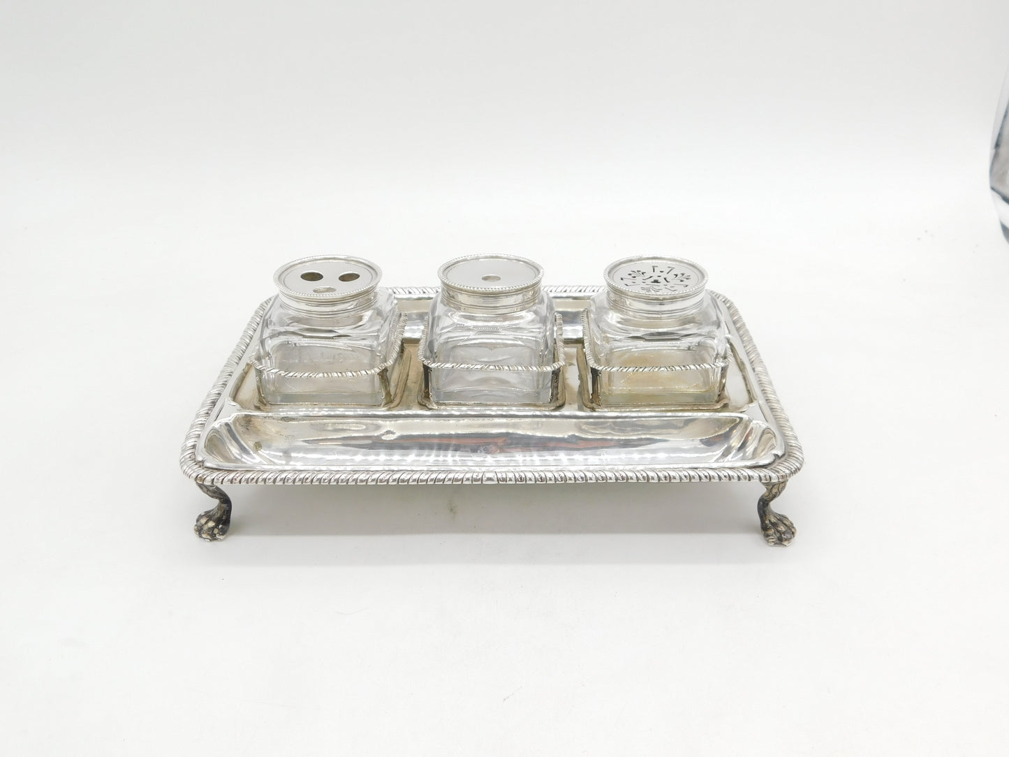 George III Sterling Silver Three-Piece Glass Desk Stand Antique 1767 London