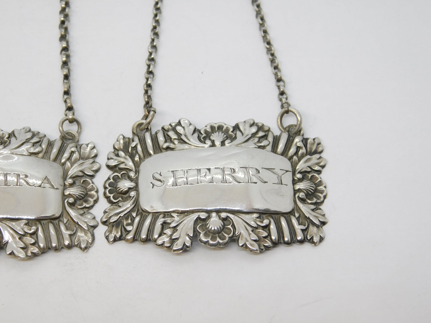 William IV Sterling Silver Madeira & Sherry Decanter Label Pair Antique 1837 Birmingham