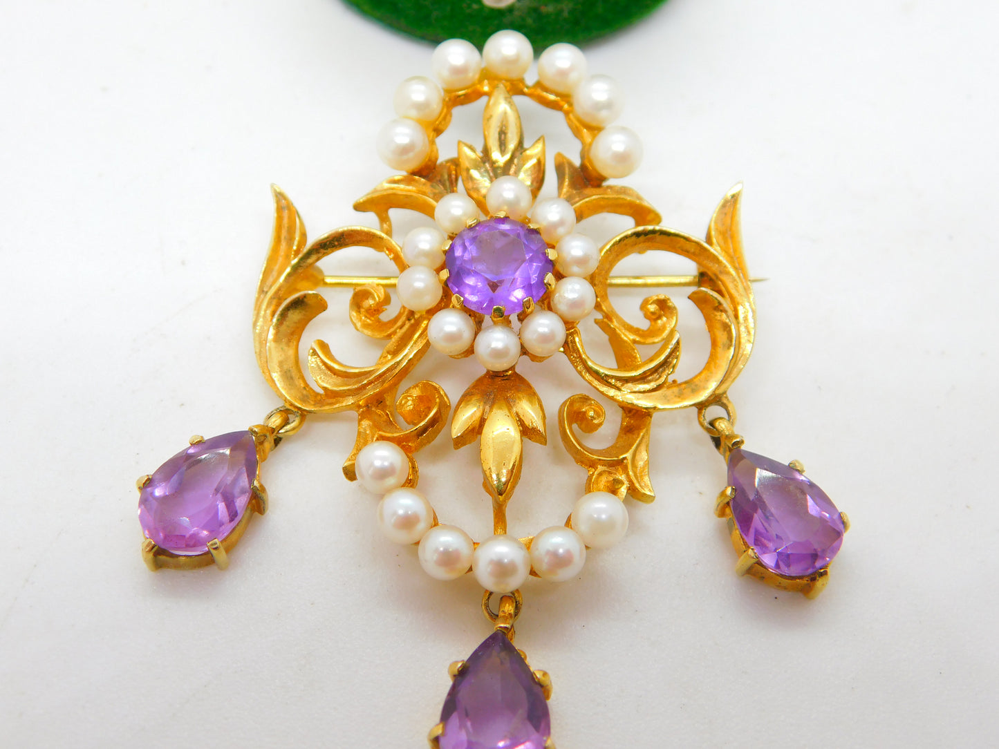 9ct Yellow Gold, Amethyst & Pearl Large Lavalier Drop Pendant Vintage 1971 London