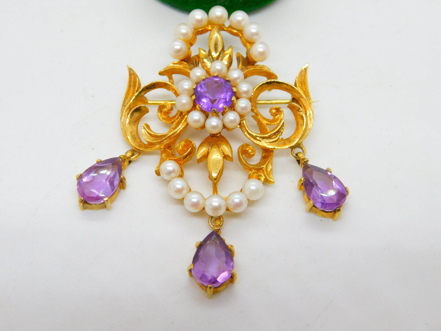 9ct Yellow Gold, Amethyst & Pearl Large Lavalier Drop Pendant Vintage 1971 London