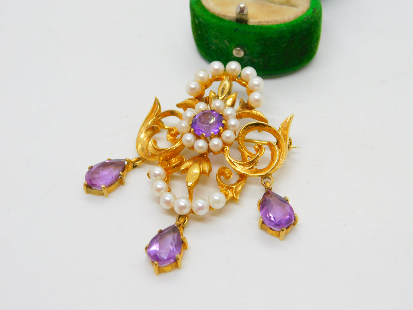 9ct Yellow Gold, Amethyst & Pearl Large Lavalier Drop Pendant Vintage 1971 London