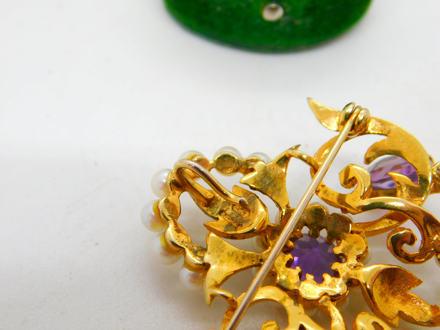 9ct Yellow Gold, Amethyst & Pearl Large Lavalier Drop Pendant Vintage 1971 London