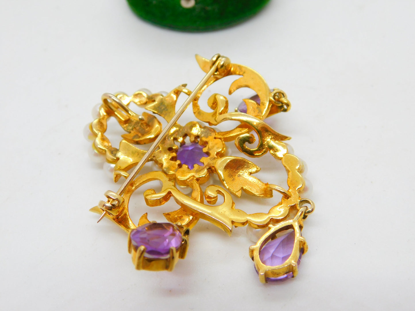 9ct Yellow Gold, Amethyst & Pearl Large Lavalier Drop Pendant Vintage 1971 London