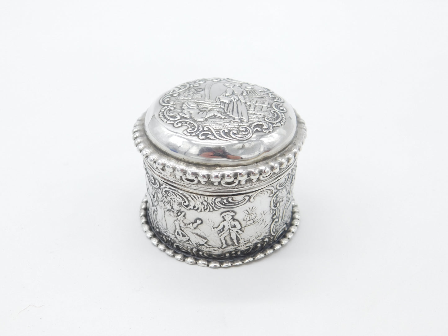 Victorian Sterling Silver Repousse Trinket Box Charming Scenes Antique 1893