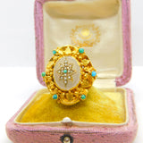 Victorian 18ct Gold, Turquoise, Pearl & Chalcedony Starburst Dress Ring Antique