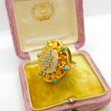 Victorian 18ct Gold, Turquoise, Pearl & Chalcedony Starburst Dress Ring Antique