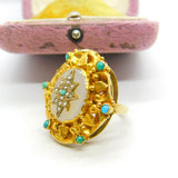 Victorian 18ct Gold, Turquoise, Pearl & Chalcedony Starburst Dress Ring Antique