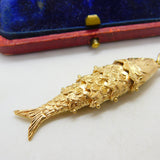 Large 9ct Yellow Gold Articulated Flapping Fish Charm Pendant 1977 London