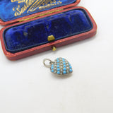 Sterling Silver Pave Set Turquoise & Seed Pearl Puffy Heart Pendant Antique 1920