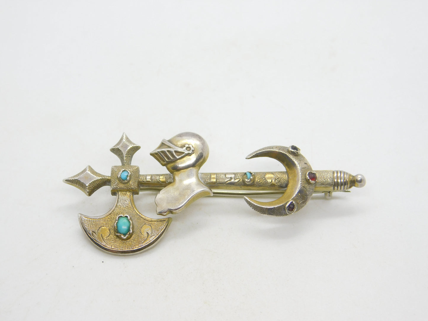Victorian Scottish Sterling Silver Gilt Turquoise Set Knight & Axe Brooch c1850
