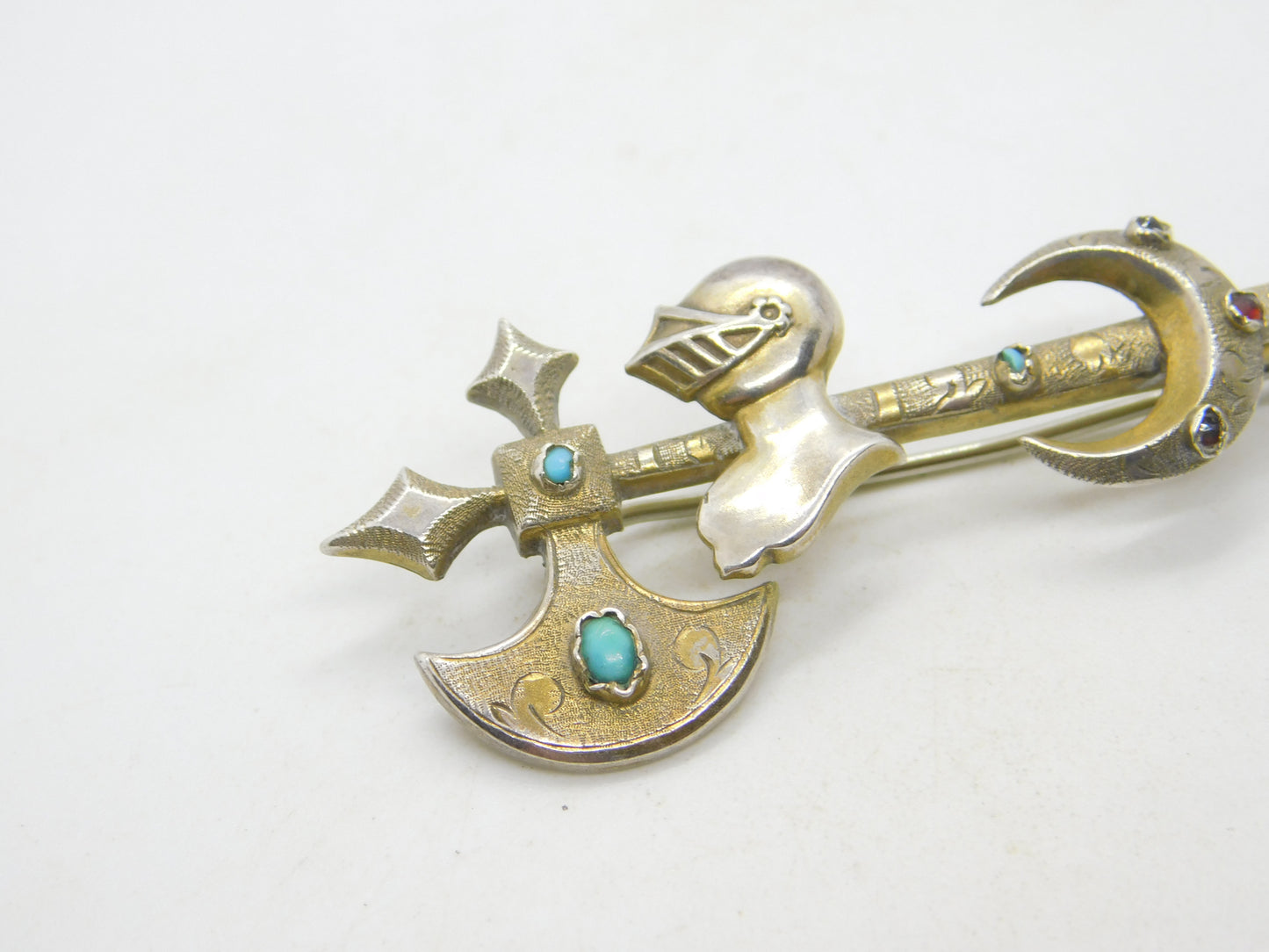 Victorian Scottish Sterling Silver Gilt Turquoise Set Knight & Axe Brooch c1850