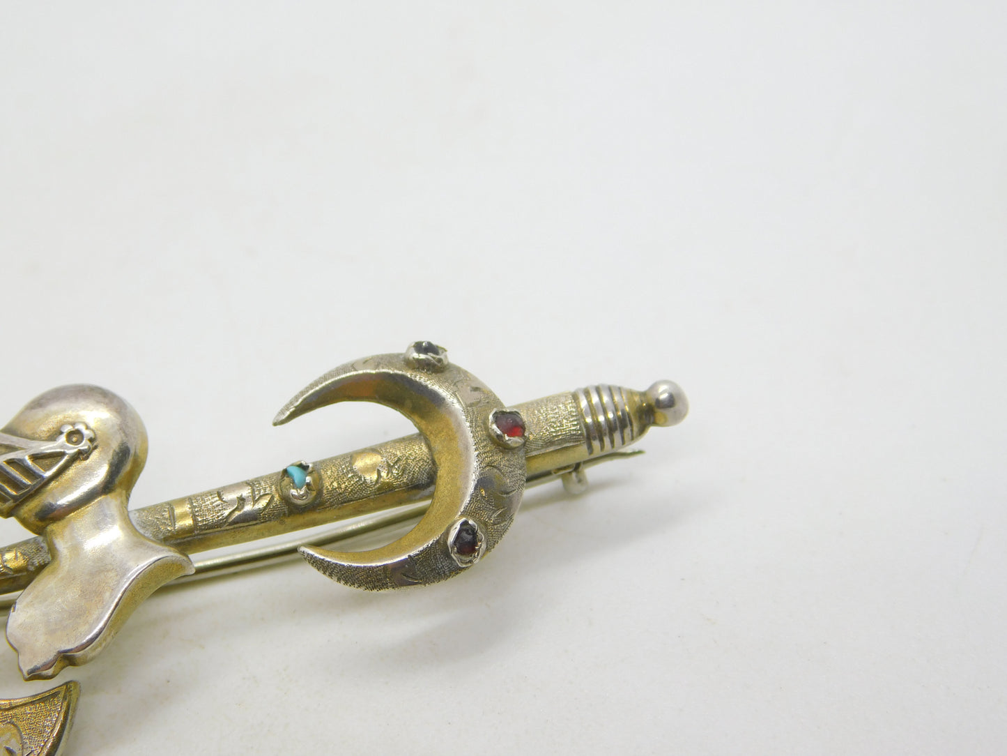 Victorian Scottish Sterling Silver Gilt Turquoise Set Knight & Axe Brooch c1850