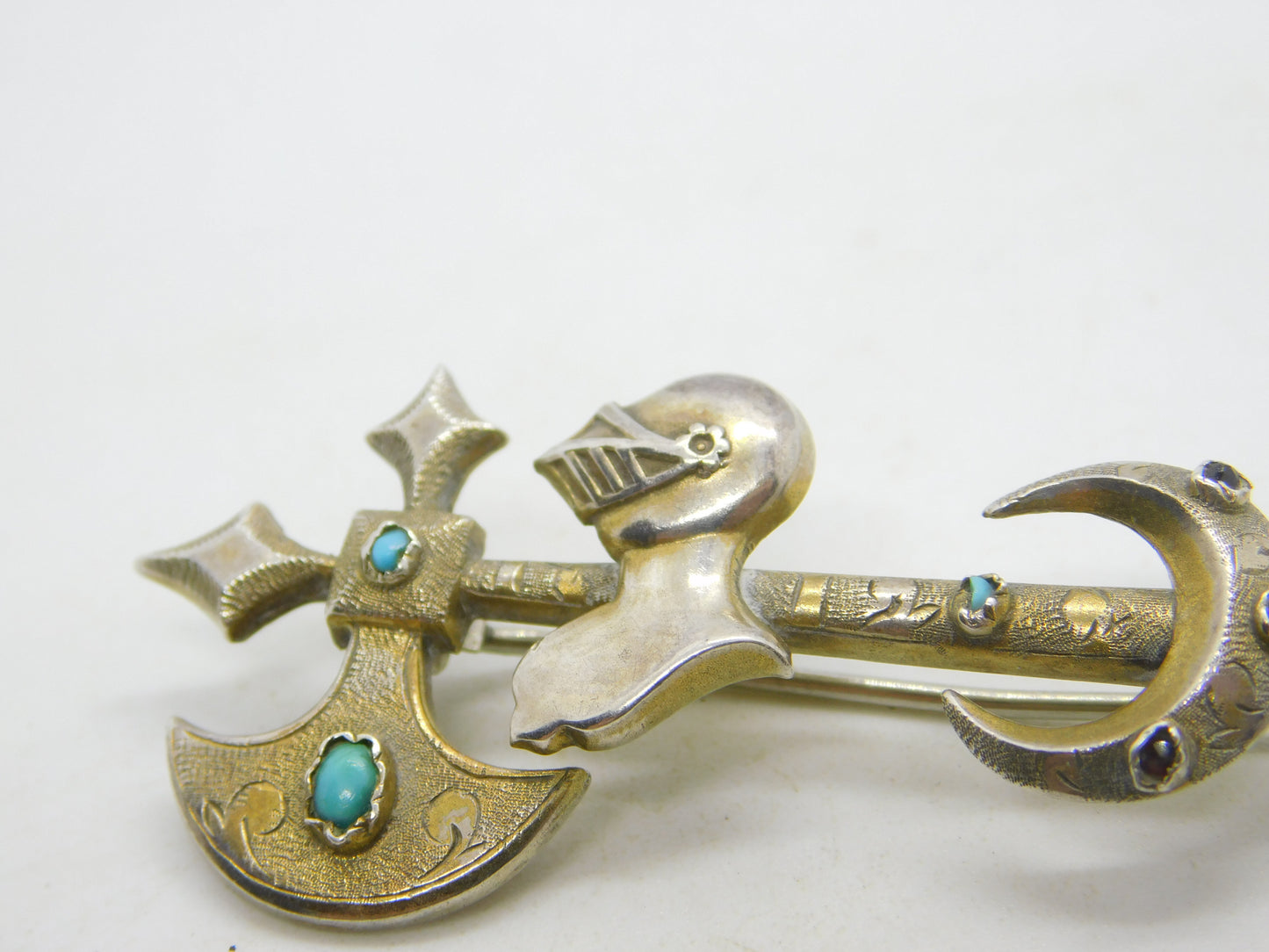 Victorian Scottish Sterling Silver Gilt Turquoise Set Knight & Axe Brooch c1850