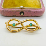 Victorian 15ct Gold & Turquoise Lovers Knot Sweetheart Brooch Antique c1880