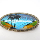 TLM Sterling Silver Morpho Butterfly Wing Set Island Scene Brooch Antique c1930