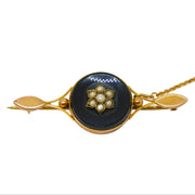 Victorian 9ct Yellow Gold, Onyx, Seed Pearl Mourning Brooch Antique c1890