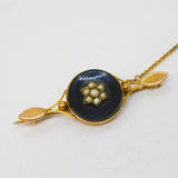 Victorian 9ct Yellow Gold, Onyx, Seed Pearl Mourning Brooch Antique c1890