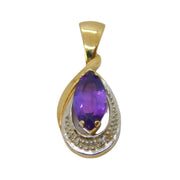 9ct Yellow Gold, Amethyst & Diamond Set Drop Pendant Vintage c1980