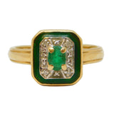 14ct Gold, Enamel, Diamond & Emerald Art Deco Style Ring Vintage 1996 London