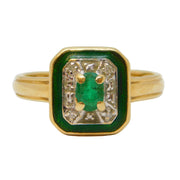 14ct Gold, Enamel, Diamond & Emerald Art Deco Style Ring Vintage 1996 London