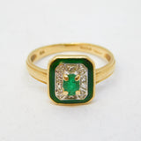 14ct Gold, Enamel, Diamond & Emerald Art Deco Style Ring Vintage 1996 London