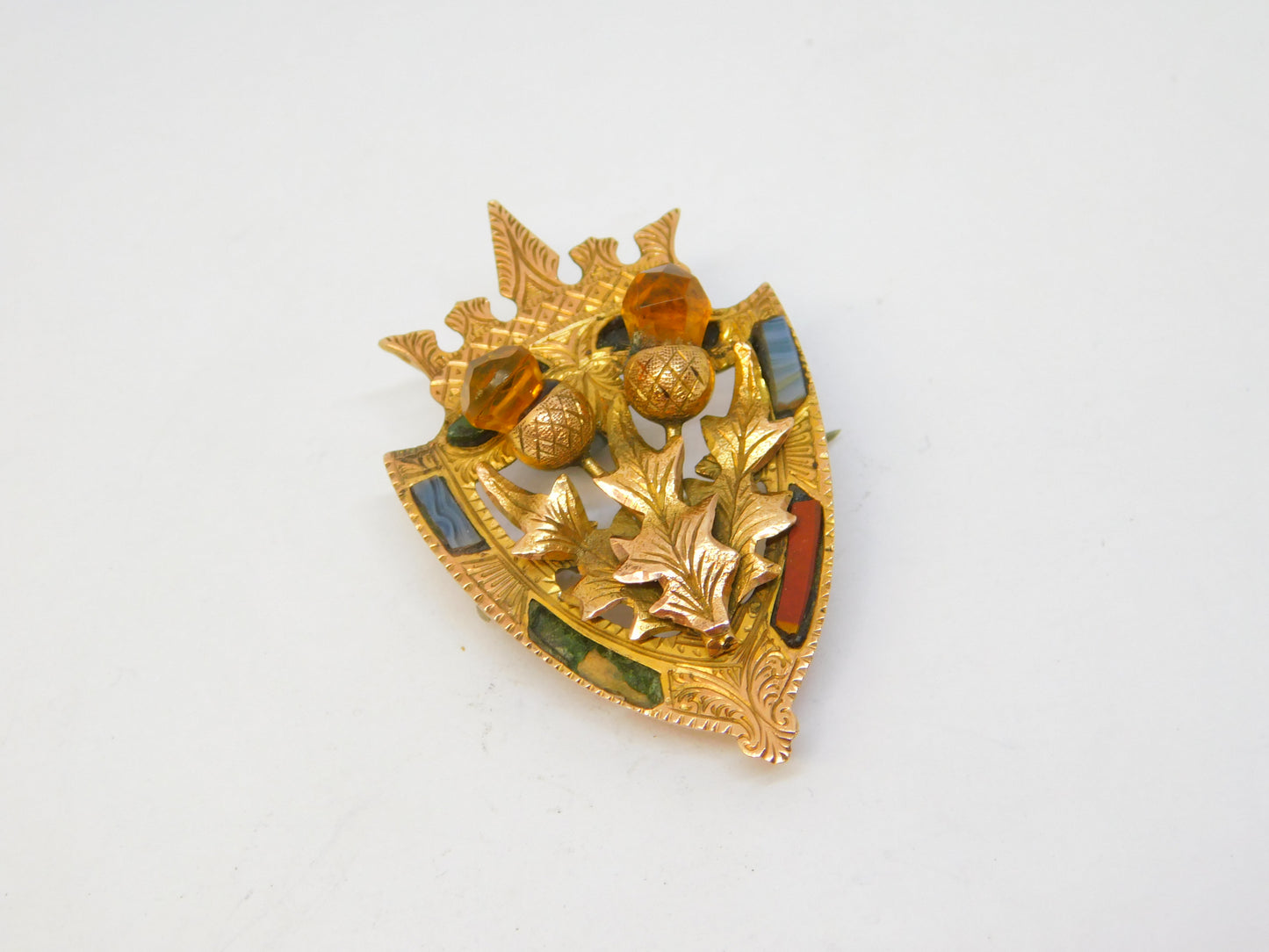9ct Yellow Gold, Scottish Thistle, Agate & Citrine Brooch Antique 1925 Art Deco