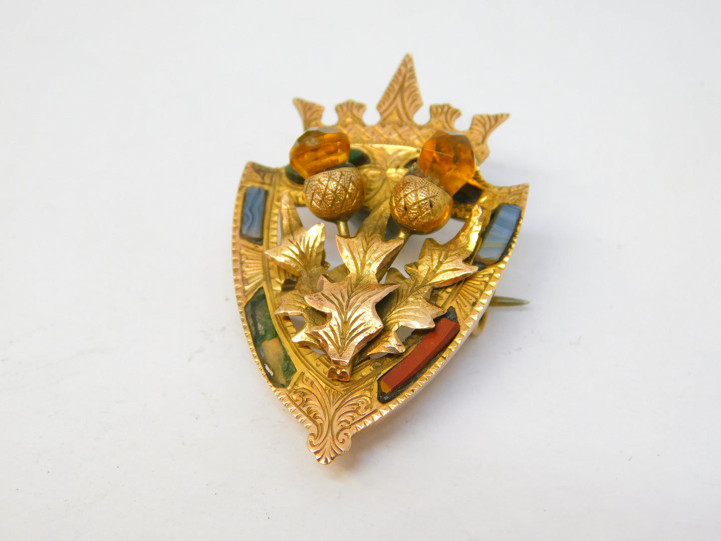 9ct Yellow Gold, Scottish Thistle, Agate & Citrine Brooch Antique 1925 Art Deco
