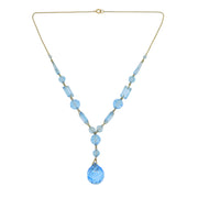 Edwardian 9ct Gold & Faceted Blue Glass Drop Pendant Necklace Antique c1910