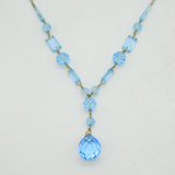 Edwardian 9ct Gold & Faceted Blue Glass Drop Pendant Necklace Antique c1910