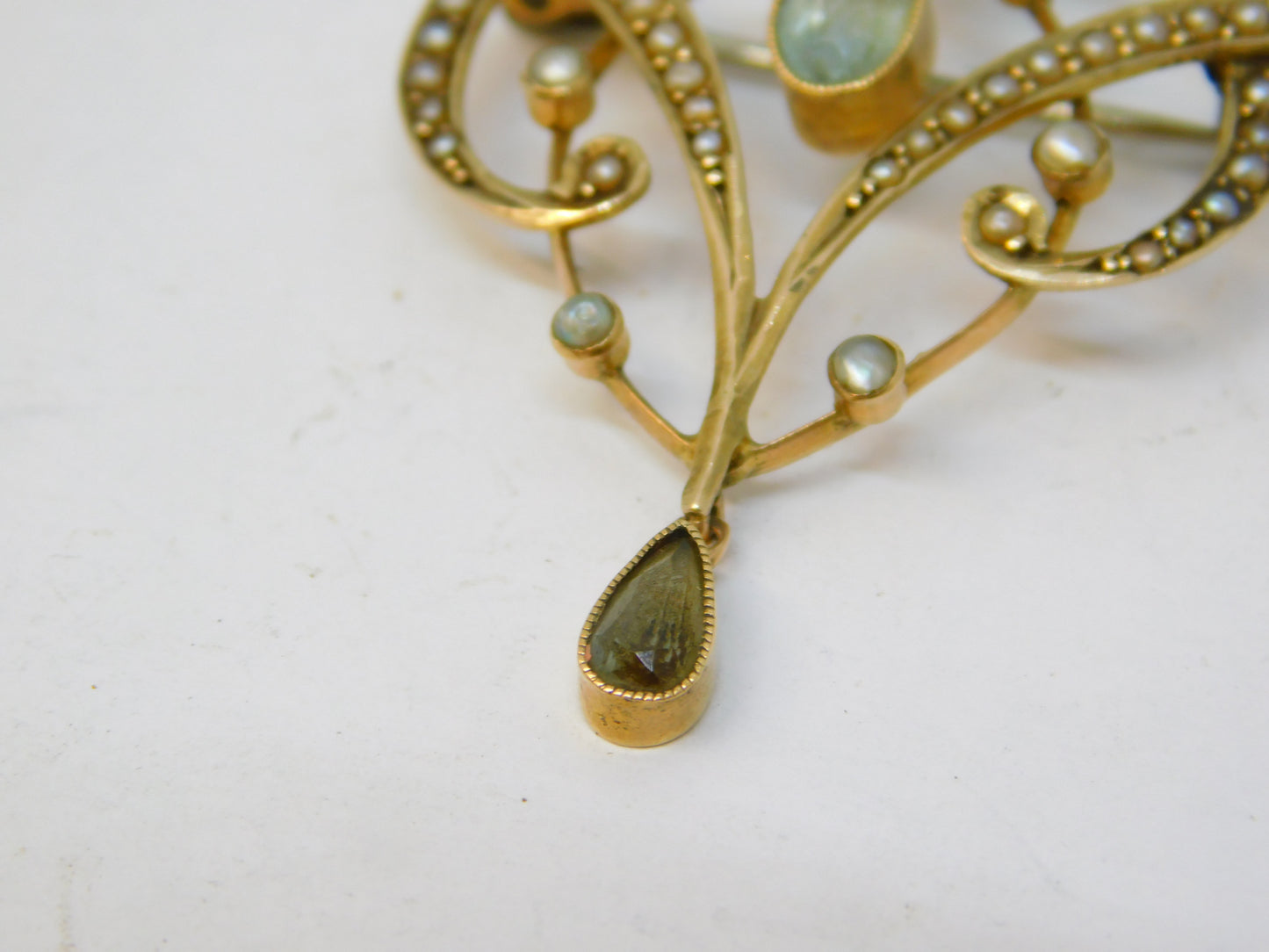 Edwardian 9ct Yellow Gold, Seed Pearl & Topaz Lavalier Brooch Antique c1910