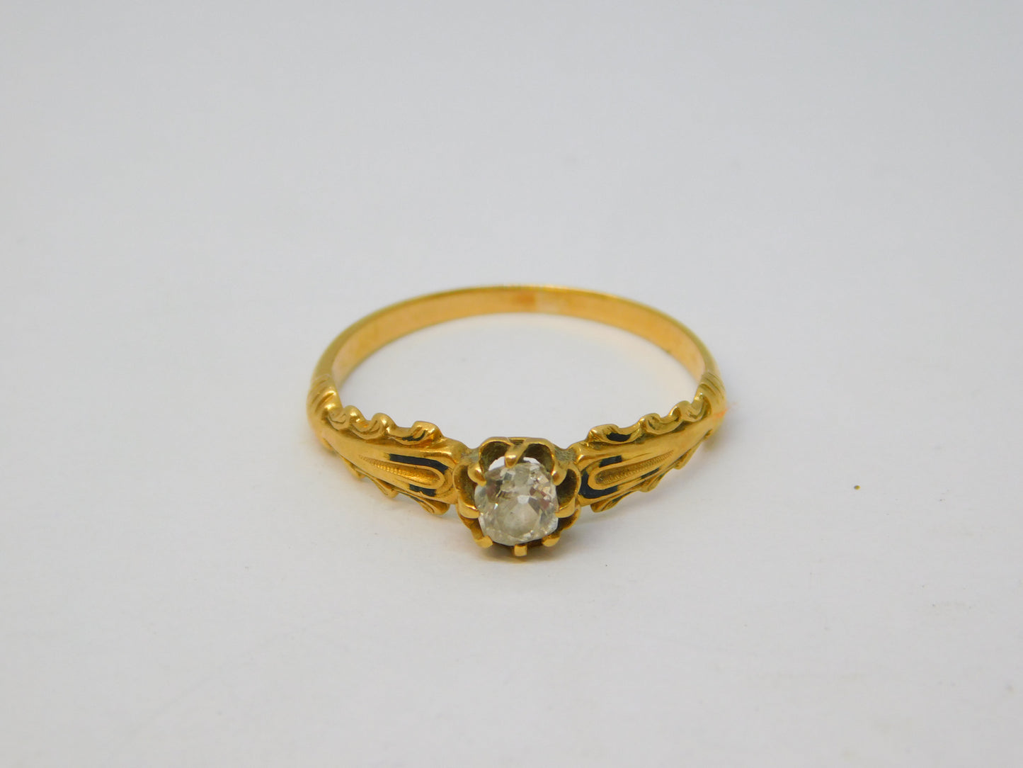Victorian 18ct Yellow Gold Old-Cut 0.2ct Diamond Mourning Ring Antique c1840
