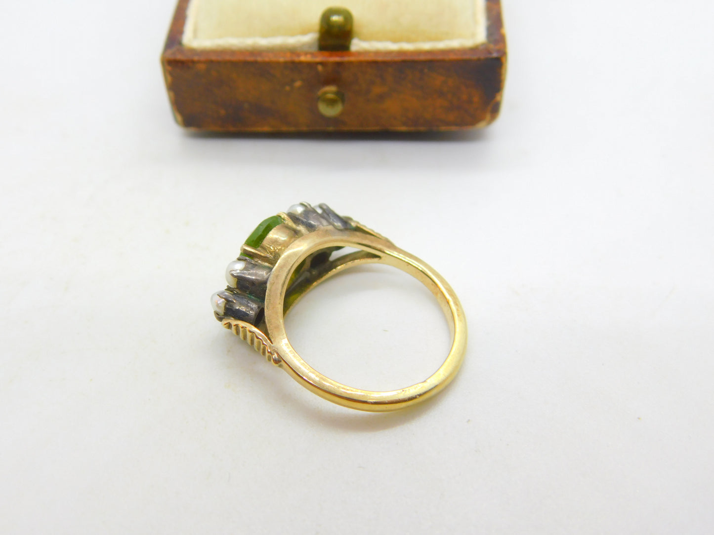 18ct Yellow Gold, Peridot & Pearl Set Dress Ring Antique c1920 Art Deco