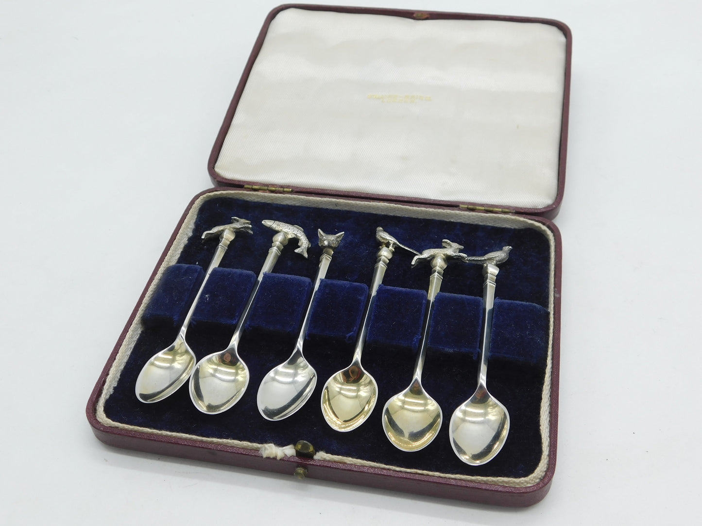 Boxed Set of Sterling Silver Hunting Interest Fox, Fish, Hare Teaspoons Vintage 1952